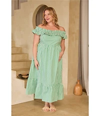 Skies Are Blue Plus Size Stripe Print Off-the-Shoulder Ruffle A-Line Maxi Dress