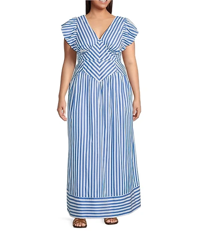 Skies Are Blue Plus Size Stripe Print V-Neck Sleeveless A-Line Maxi Dress