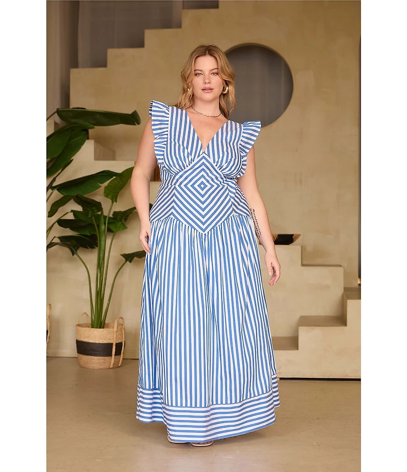 Skies Are Blue Plus Size Stripe Print V-Neck Sleeveless A-Line Maxi Dress