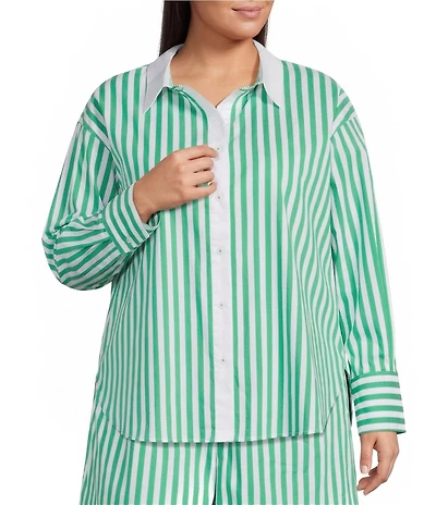 Skies Are Blue Plus Size Striped Print Point Collar Long Sleeve Button-Down Coordinating Poplin Top