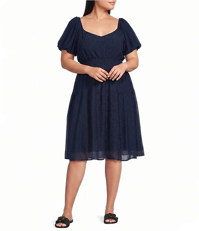 Skies Are Blue Plus Size Sweetheart Neckline Short Puff Sleeve Smocked Waist Tiered Midi Dress