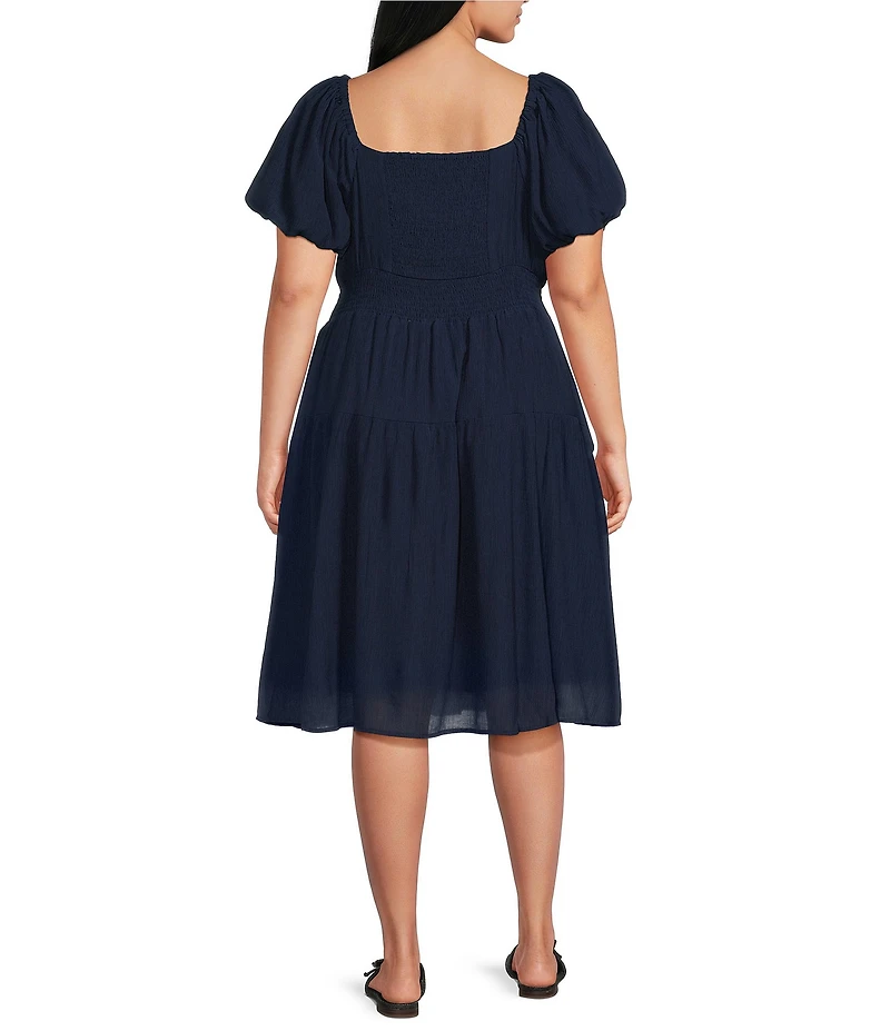 Skies Are Blue Plus Size Sweetheart Neckline Short Puff Sleeve Smocked Waist Tiered Midi Dress
