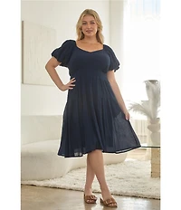 Skies Are Blue Plus Size Sweetheart Neckline Short Puff Sleeve Smocked Waist Tiered Midi Dress