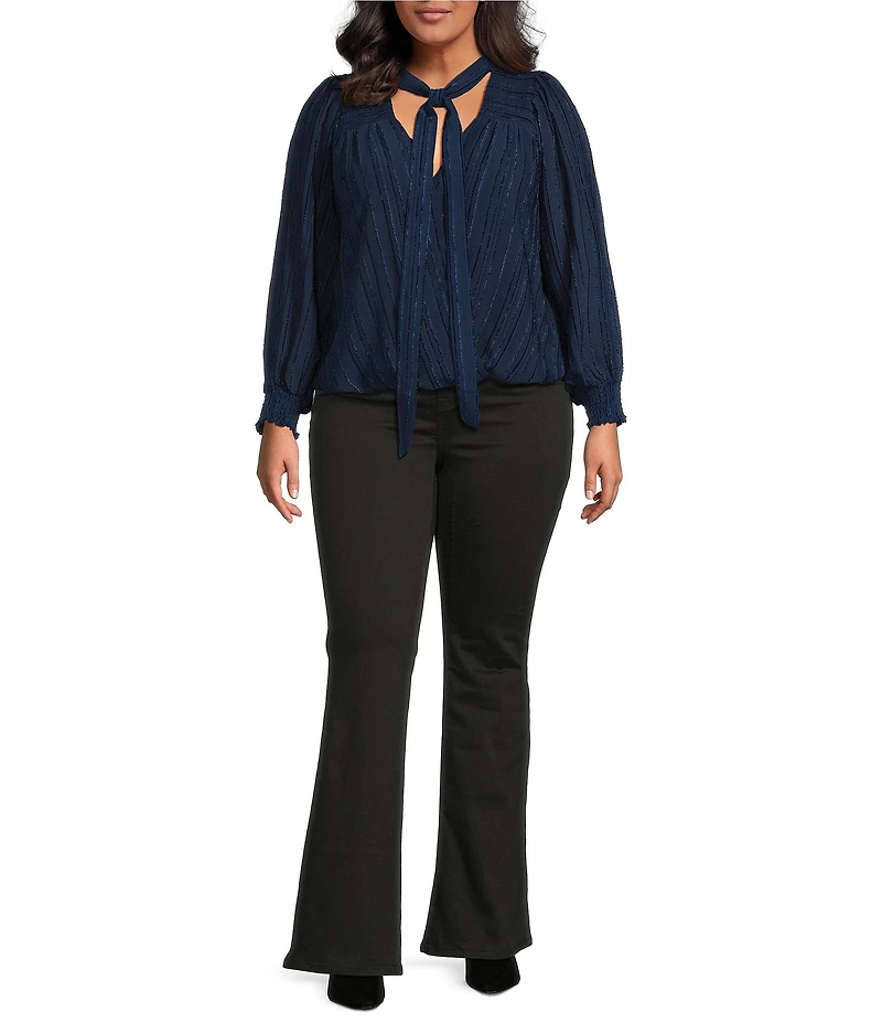 Skies Are Blue Plus Size Tie V-Neck Long Sleeve Textured Chiffon Blouse