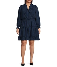 Skies Are Blue Plus Size Tie V-Neck Long Sleeve Tiered Hem Textured Chiffon Mini Dress
