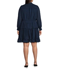 Skies Are Blue Plus Size Tie V-Neck Long Sleeve Tiered Hem Textured Chiffon Mini Dress