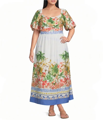 Skies Are Blue Plus Size Tropical Placement Printed Sweetheart Neck Short Sleeve A-Line Maxi Dress