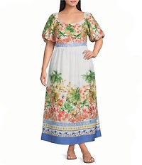 Skies Are Blue Plus Size Tropical Placement Printed Sweetheart Neck Short Sleeve A-Line Maxi Dress