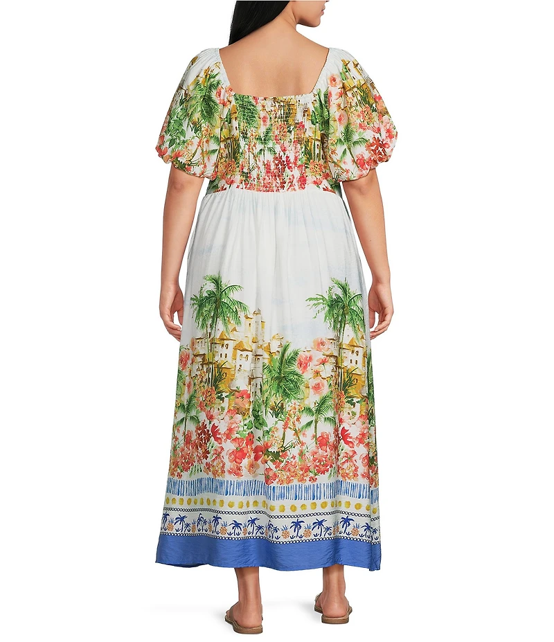 Skies Are Blue Plus Size Tropical Placement Printed Sweetheart Neck Short Sleeve A-Line Maxi Dress