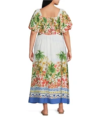 Skies Are Blue Plus Size Tropical Placement Printed Sweetheart Neck Short Sleeve A-Line Maxi Dress