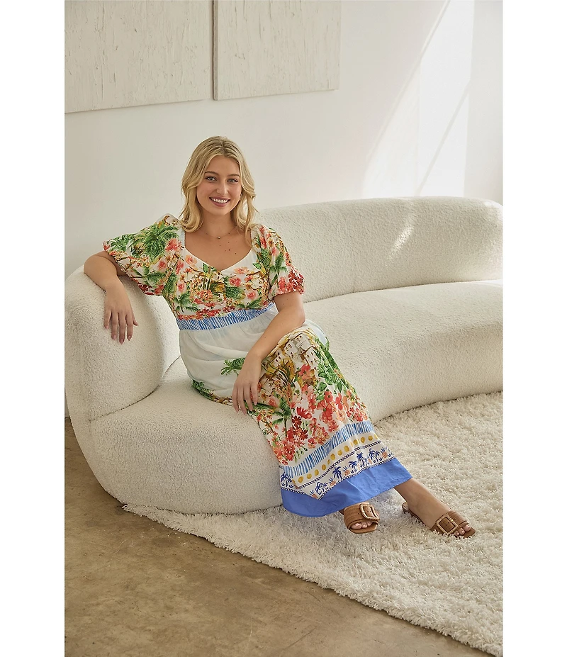 Skies Are Blue Plus Size Tropical Placement Printed Sweetheart Neck Short Sleeve A-Line Maxi Dress
