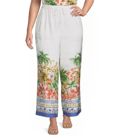 Skies Are Blue Plus Size Tropical Placement Printed Wide Leg High Rise Coordinating Pants