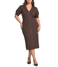 Skies Are Blue Plus Size V-Neck Short Sleeve Button Front Knit Midi Dress