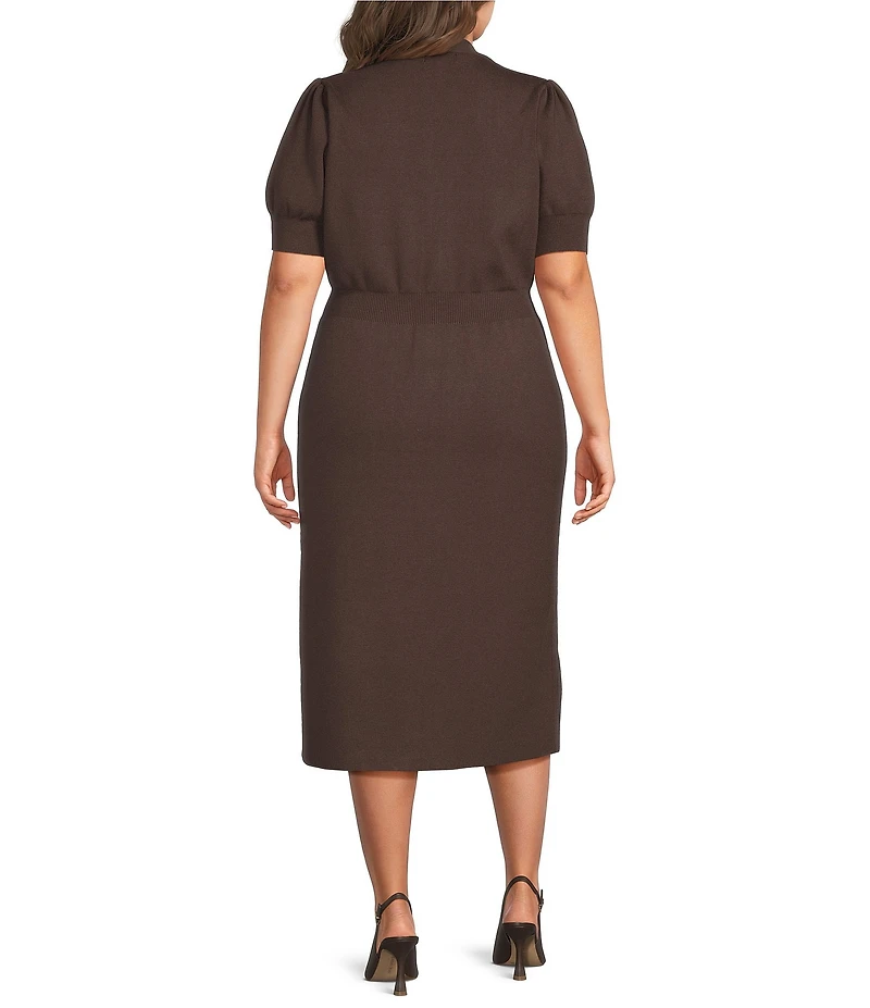 Skies Are Blue Plus Size V-Neck Short Sleeve Button Front Knit Midi Dress