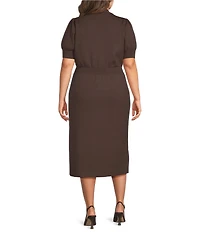 Skies Are Blue Plus Size V-Neck Short Sleeve Button Front Knit Midi Dress