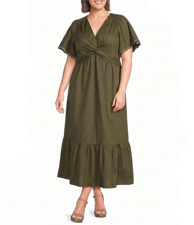 Skies Are Blue Plus Size V-Neck Short Sleeve Twist Front Tiered Midi Dress
