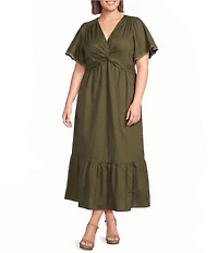 Skies Are Blue Plus Size V-Neck Short Sleeve Twist Front Tiered Midi Dress