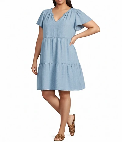 Skies Are Blue Plus Size Washed Tencel Split V-Neck Short Ruffle Sleeve Tiered Mini Dress