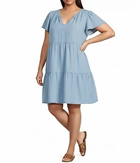 Skies Are Blue Plus Size Washed Tencel Split V-Neck Short Ruffle Sleeve Tiered Mini Dress