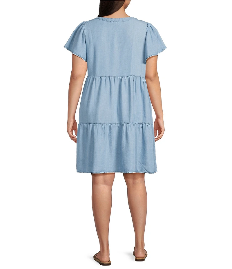 Skies Are Blue Plus Size Washed Tencel Split V-Neck Short Ruffle Sleeve Tiered Mini Dress