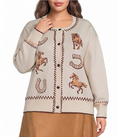 Skies Are Blue Plus Size Western Embroidered Intarsia Round Neck Long Sleeve Cardigan