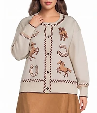 Skies Are Blue Plus Size Western Embroidered Intarsia Round Neck Long Sleeve Cardigan
