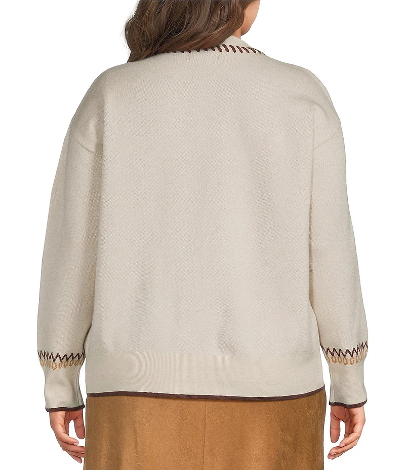 Skies Are Blue Plus Size Western Embroidered Intarsia Round Neck Long Sleeve Cardigan