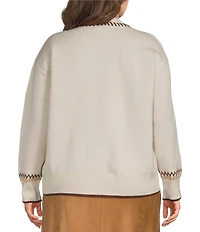 Skies Are Blue Plus Size Western Embroidered Intarsia Round Neck Long Sleeve Cardigan