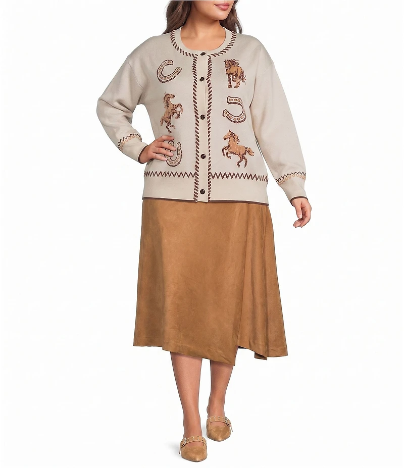 Skies Are Blue Plus Size Western Embroidered Intarsia Round Neck Long Sleeve Cardigan