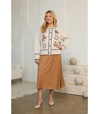 Skies Are Blue Plus Size Western Embroidered Intarsia Round Neck Long Sleeve Cardigan