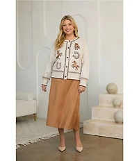 Skies Are Blue Plus Size Western Embroidered Intarsia Round Neck Long Sleeve Cardigan