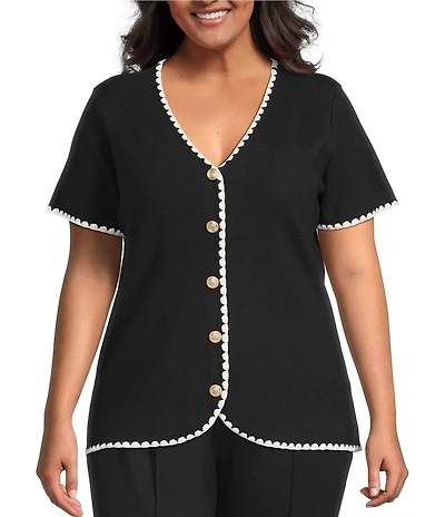 Skies Are Blue Plus Size Whip Stitched Scalloped Edge Short Sleeve Sweater Knit Top