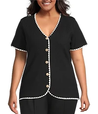Skies Are Blue Plus Size Whip Stitched Scalloped Edge Short Sleeve Sweater Knit Top