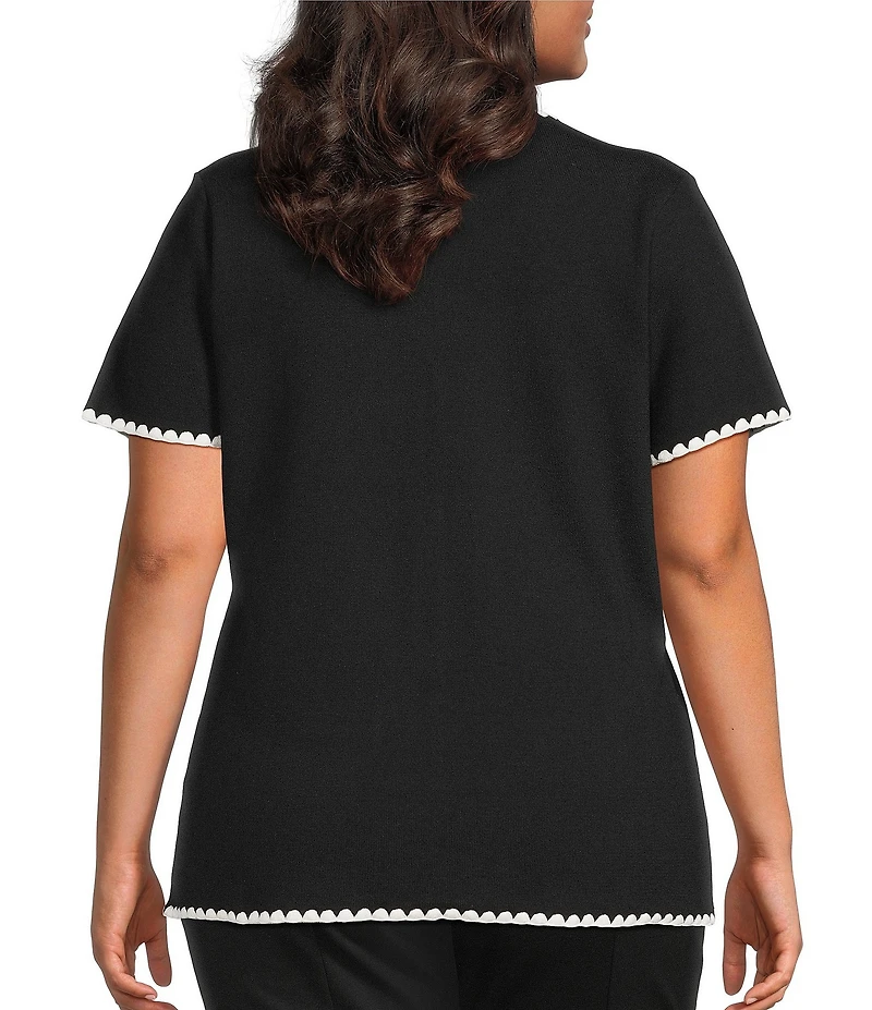 Skies Are Blue Plus Size Whip Stitched Scalloped Edge Short Sleeve Sweater Knit Top