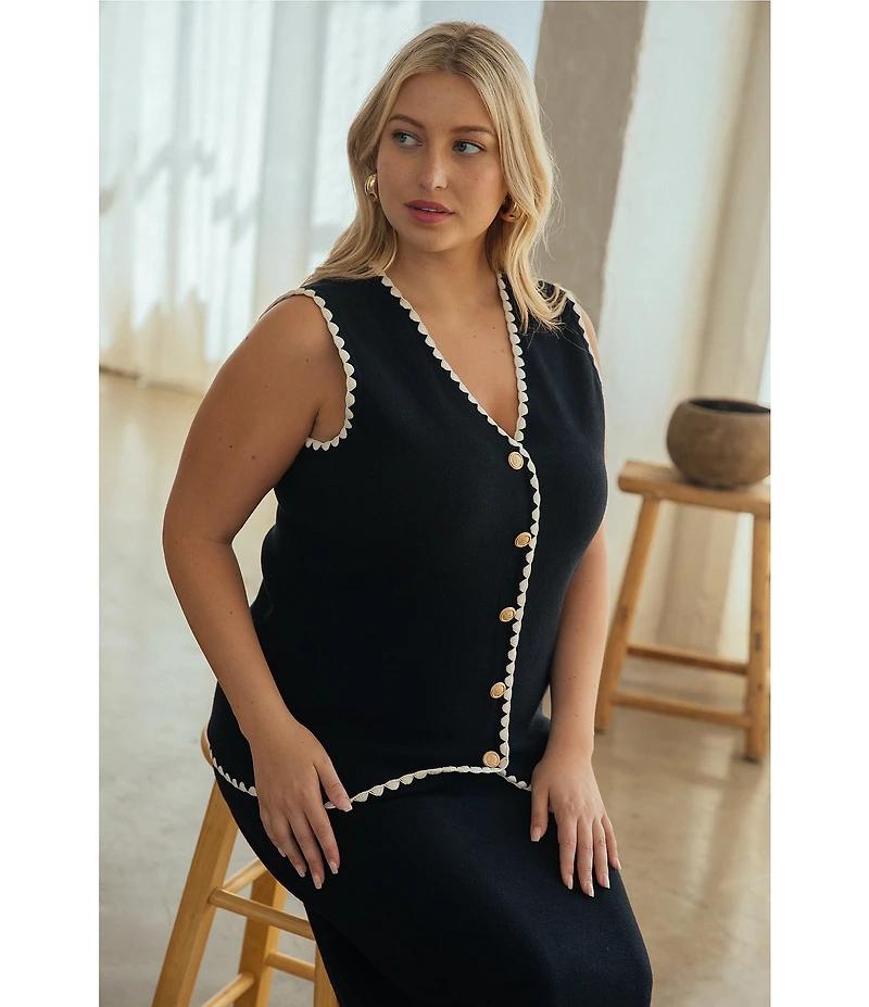 Skies Are Blue Plus Size Whip stitched Scalloped Edge Sleeveless Sweater Knit Vest