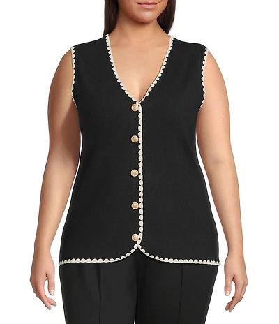 Skies Are Blue Plus Size Whip stitched Scalloped Edge Sleeveless Sweater Knit Vest