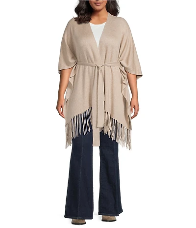 Skies Are Blue Plus Size Wool Blend Fringed Trim Knit Cape