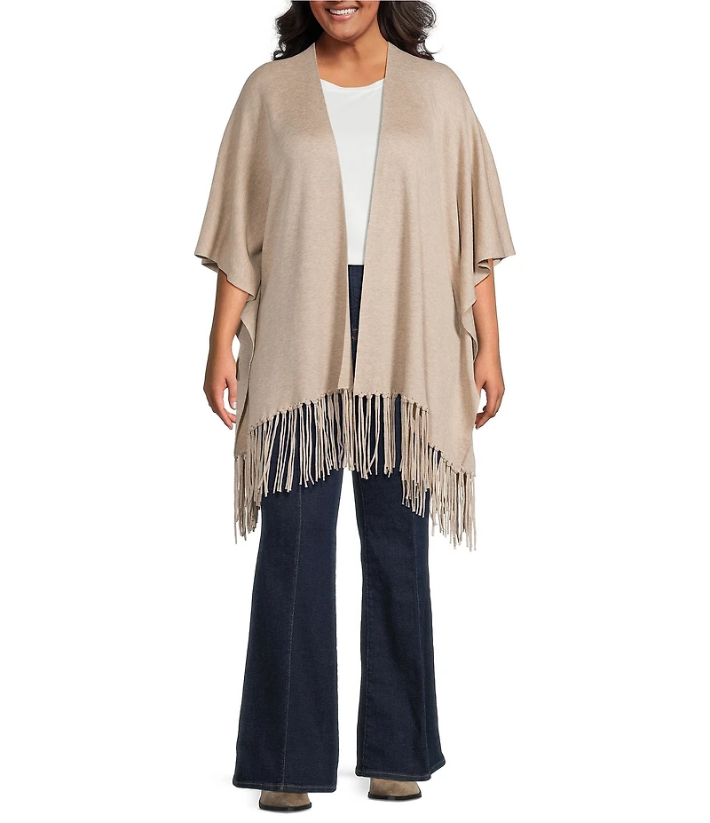 Skies Are Blue Plus Size Wool Blend Fringed Trim Knit Cape