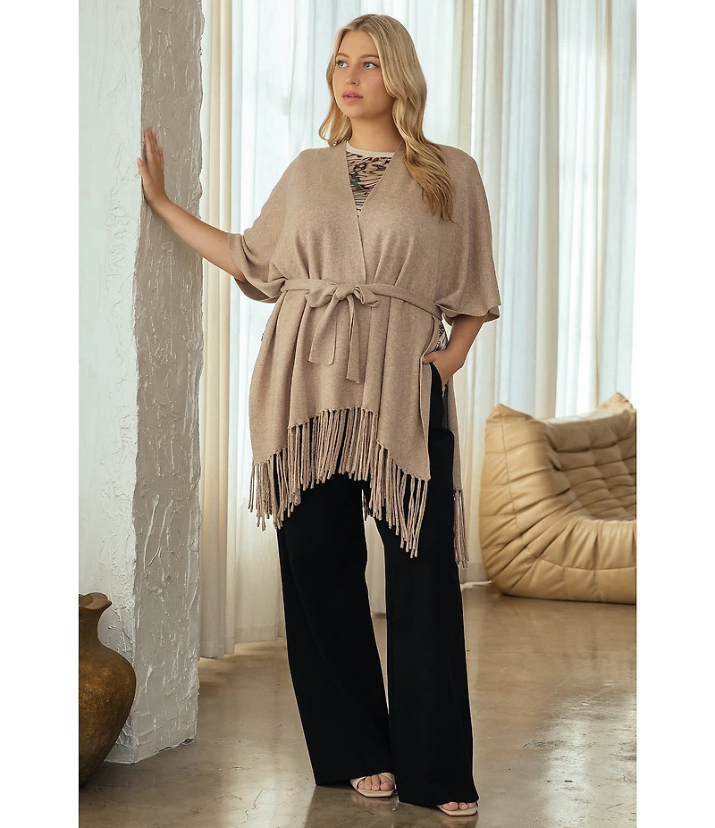 Skies Are Blue Plus Size Wool Blend Fringed Trim Knit Cape