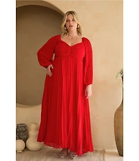 Skies Are Blue Plus Size Woven Sweetheart Long Sleeve Pleated Maxi Dress