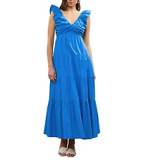 Skies Are Blue Poplin V-Neck Cap Sleeve Shirred Maxi Dress