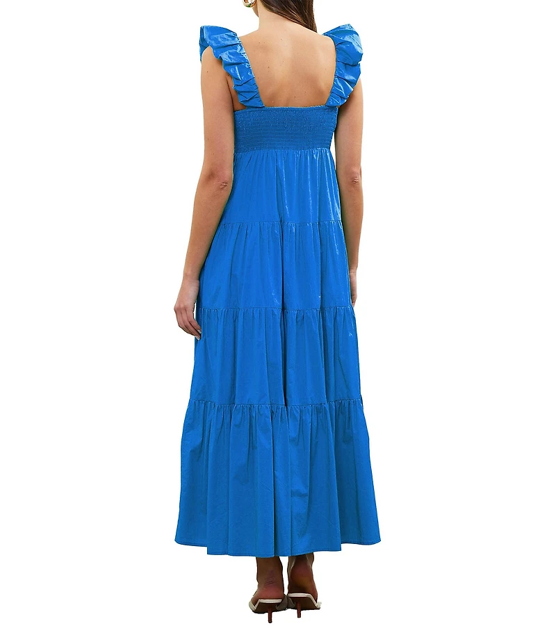 Skies Are Blue Poplin V-Neck Cap Sleeve Shirred Maxi Dress