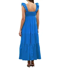 Skies Are Blue Poplin V-Neck Cap Sleeve Shirred Maxi Dress