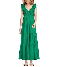 Skies Are Blue Poplin V-Neck Cap Sleeve Shirred Maxi Dress