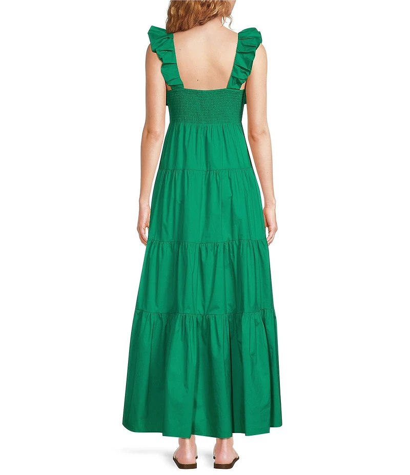 Skies Are Blue Poplin V-Neck Cap Sleeve Shirred Maxi Dress