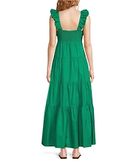 Skies Are Blue Poplin V-Neck Cap Sleeve Shirred Maxi Dress