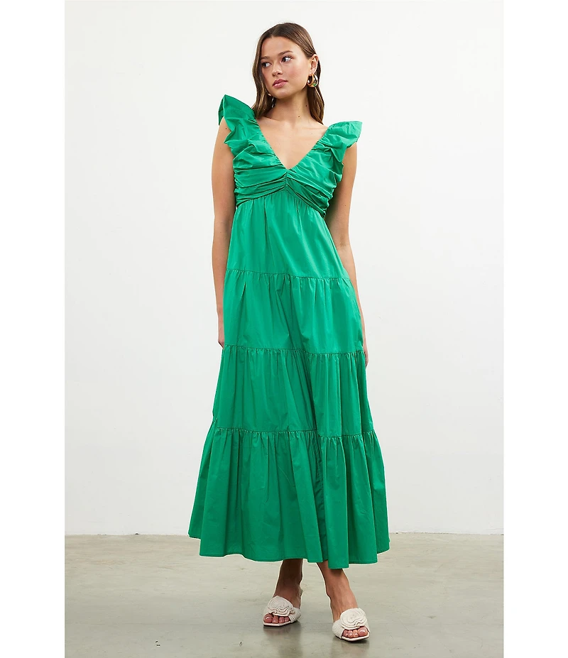 Skies Are Blue Poplin V-Neck Cap Sleeve Shirred Maxi Dress