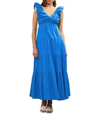 Skies Are Blue Poplin V-Neck Cap Sleeve Shirred Maxi Dress