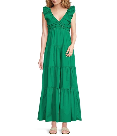 Skies Are Blue Poplin V-Neck Cap Sleeve Shirred Maxi Dress
