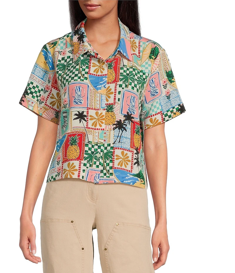 Skies Are Blue Postcard Print Button Front Point Collar Neck Short Sleeve Shirt